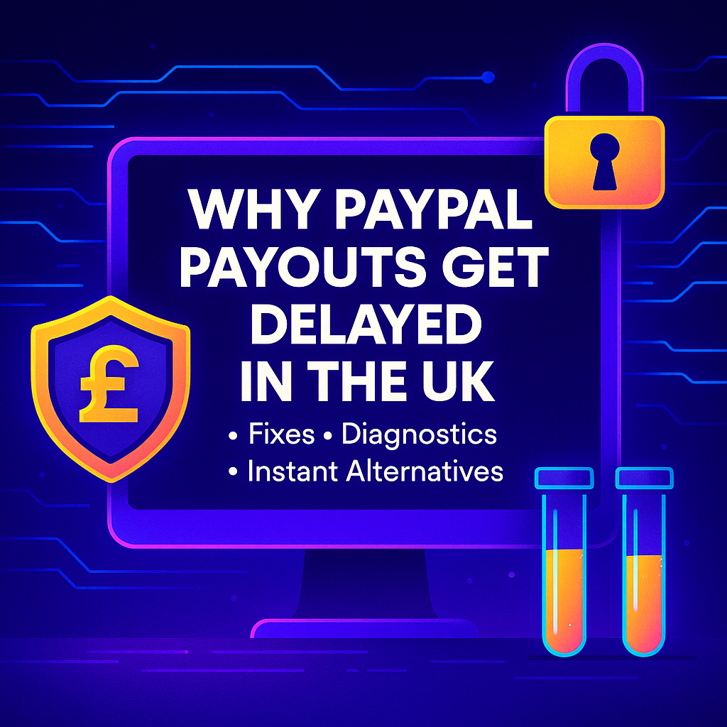 Futuristic digital illustration showing PayPal payout delays in the UK, with neon purple and gold fintech graphics, a locked padlock, currency shield, and diagnostic interface emphasising slow transfers and instant Pay-by-Bank alternatives.