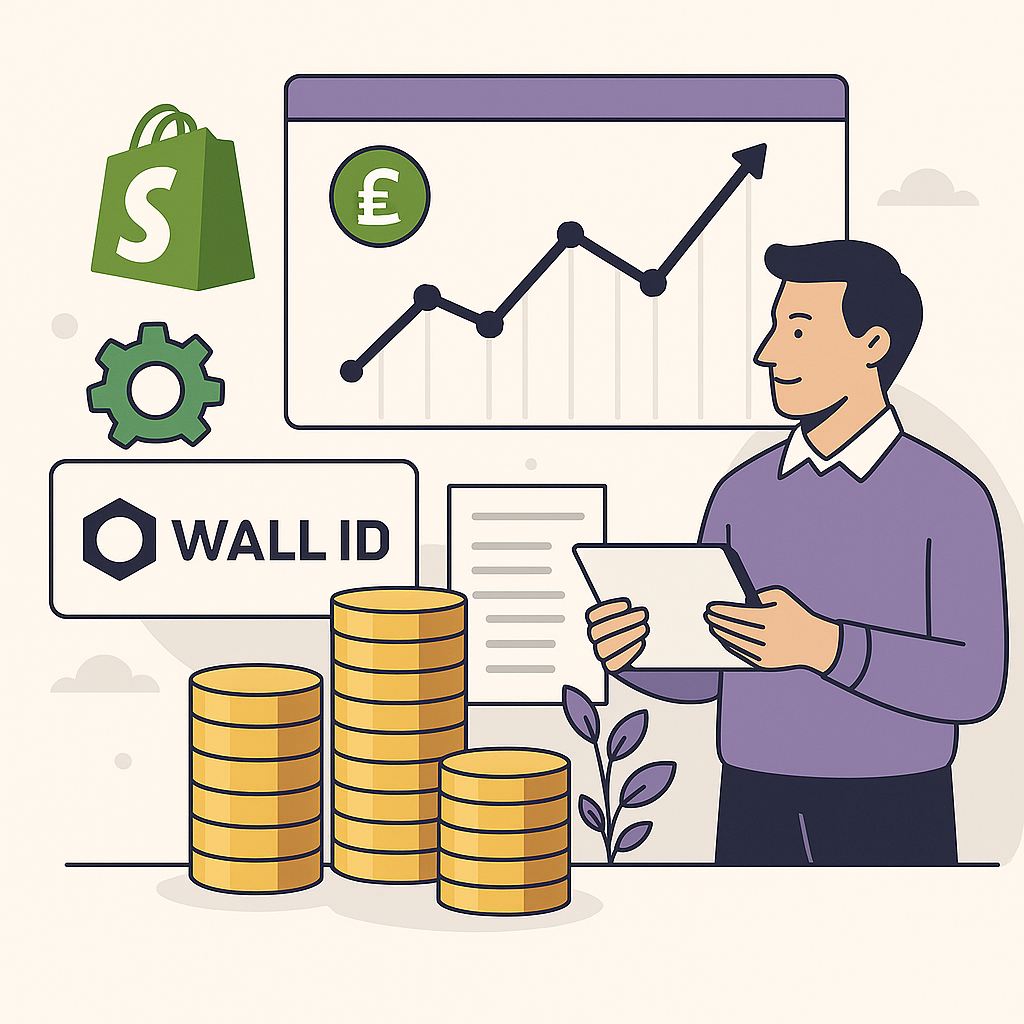 Illustration of a Shopify CFO reviewing a cash flow forecast on a tablet, with a line graph showing upward growth, stacks of gold coins, the Wall ID logo, a green Shopify shopping bag, and financial icons representing pound currency and automation.