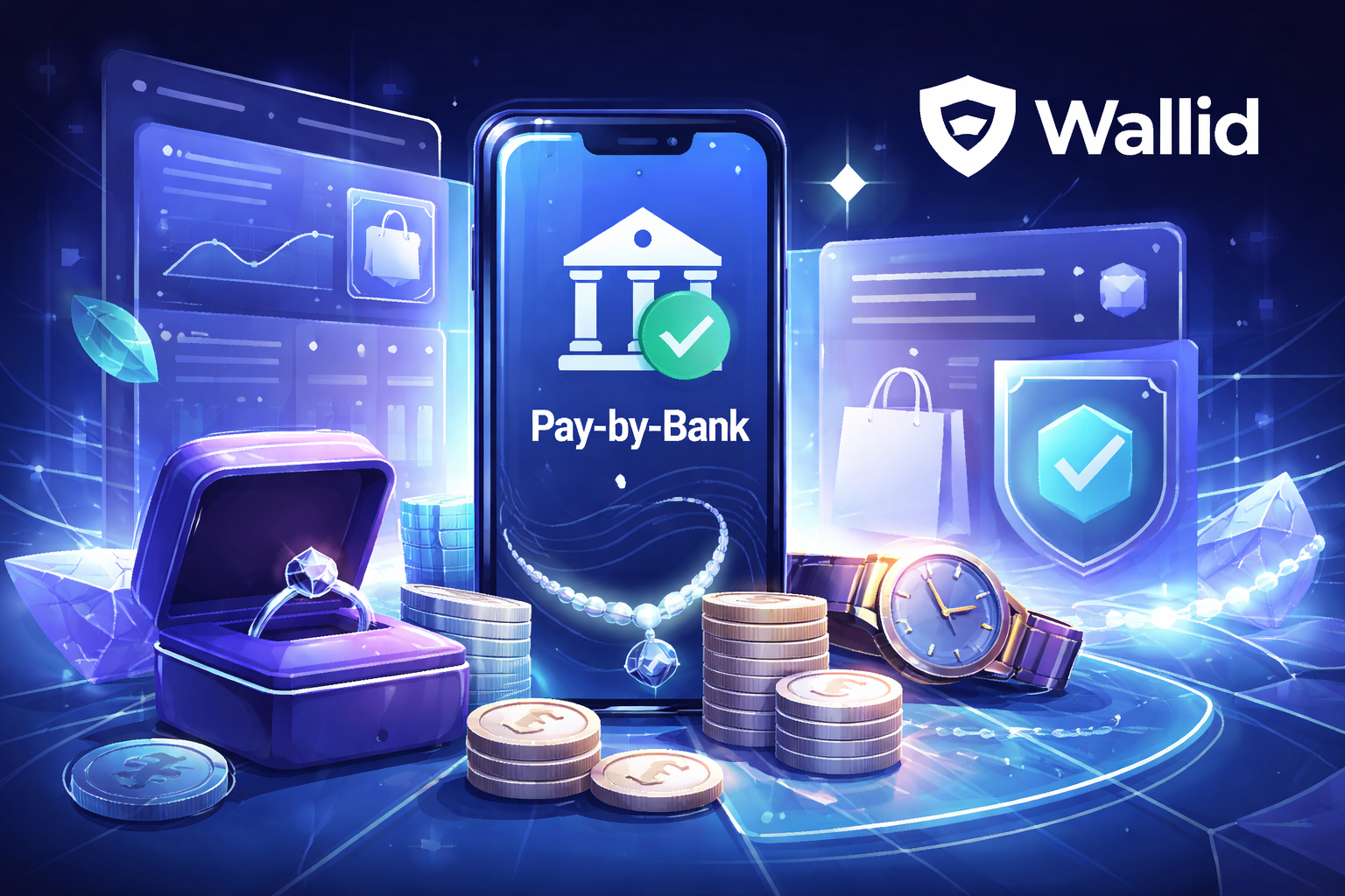 Futuristic illustration of jewelry ecommerce payments with smartphone pay-by-bank interface, jewelry items, and Wallid branding representing faster payment settlement for UK merchants.