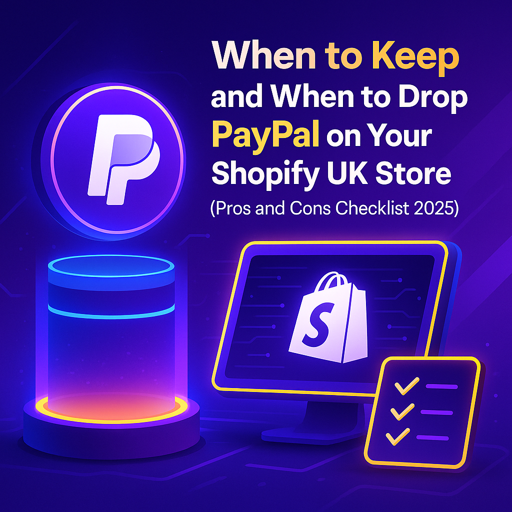 Futuristic digital illustration showing PayPal and Shopify icons representing the decision of when to keep or remove PayPal from a Shopify UK store, with neon purple and gold tones symbolising payments, risk, and Pay-by-Bank optimisation.