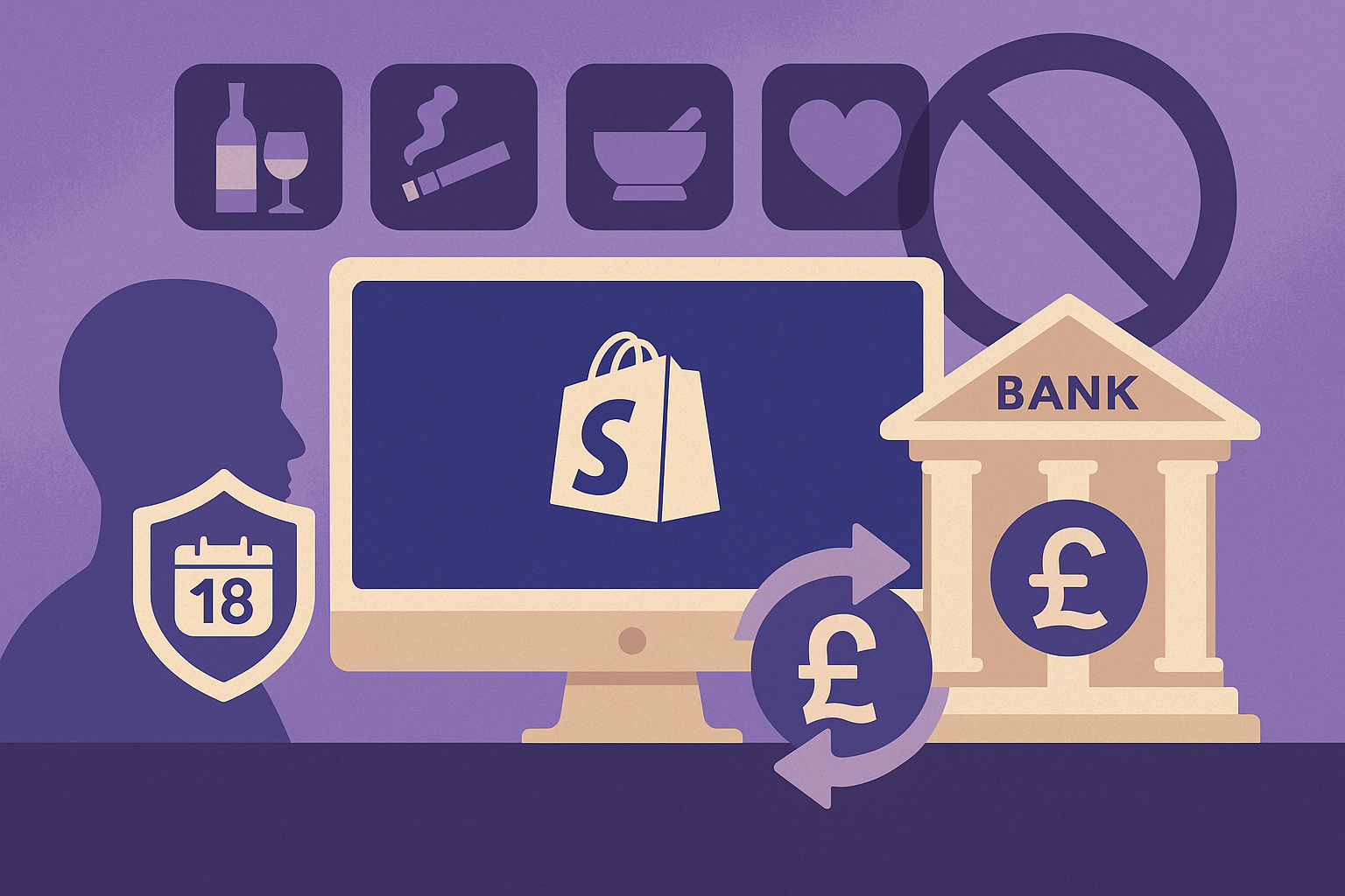 Illustration of a digital payment flow for restricted products on Shopify UK. A monitor displays the Shopify logo, surrounded by icons for alcohol, vape, supplements, and adult products. A user silhouette with an age verification shield stands on the left