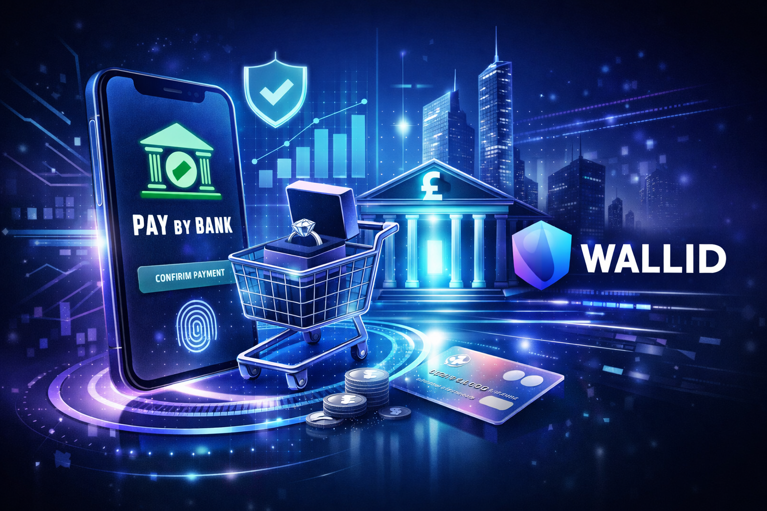 Futuristic illustration of pay-by-bank checkout for UK jewelry ecommerce with diamond ring, smartphone payment confirmation and Wallid branding